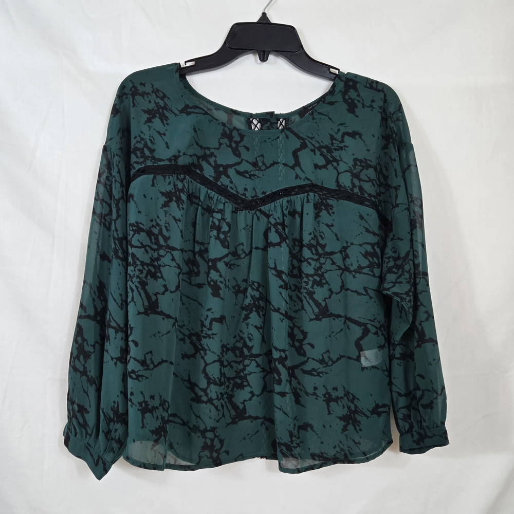 Lucky Brand Women's Green Black Marble Printed Lace Chiffon Long Sleeve Blouse M